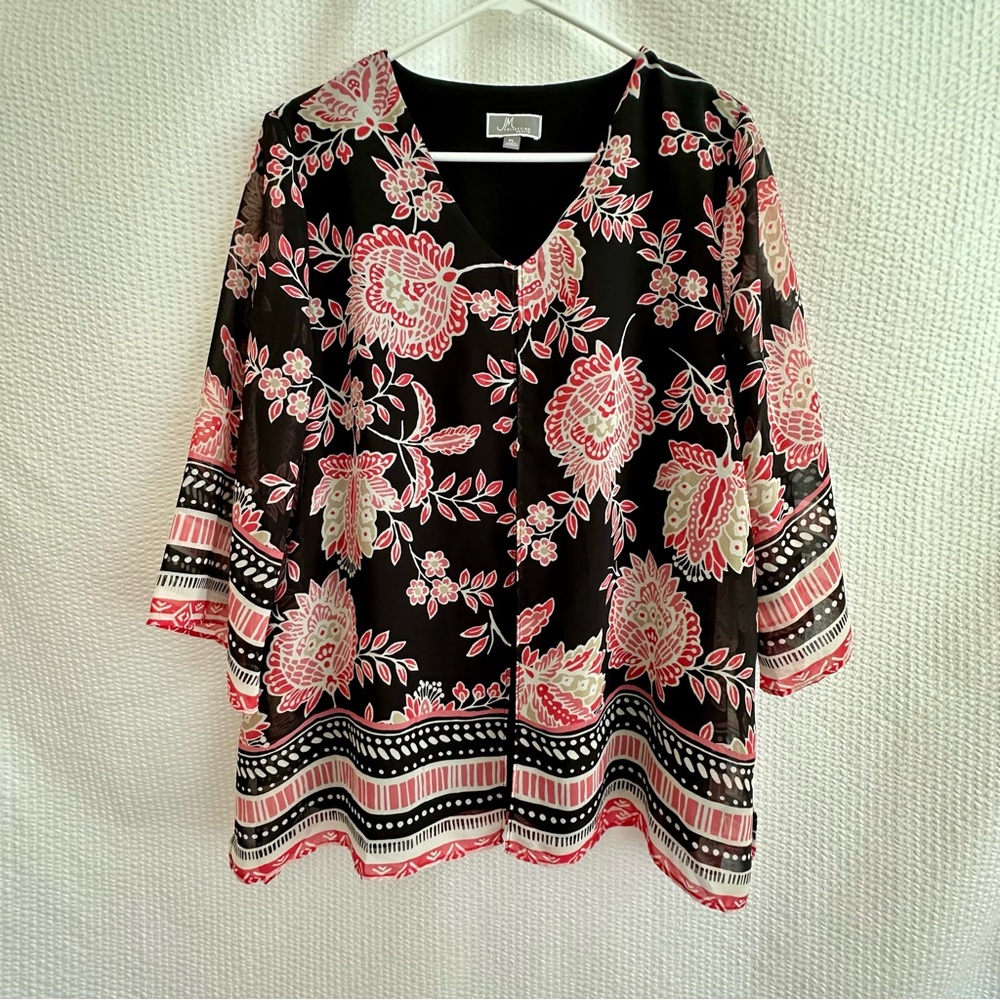 JM COLLECTION Pink Black Floral Bell Sleeve Blouse Large Petite V Neck Tunic Top